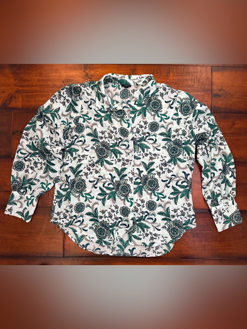 Ann Taylor Factory White Button-Up Shirt with Green Floral Print